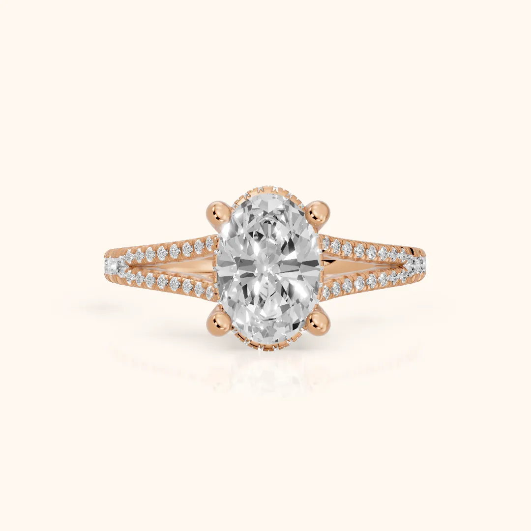 Giovanna Hidden Halo Split Shank Oval Diamond Engagement Ring in Rose Gold — view 2