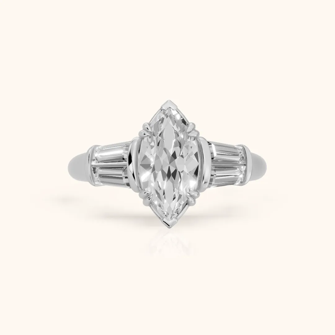 Ilsa Deco Baguette Marquise Diamond Engagement Ring in Platinum — view 2
