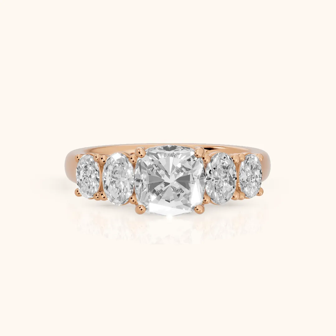 Judith Statement Five-Stone Cushion Diamond Engagement Ring in Rose Gold — view 2
