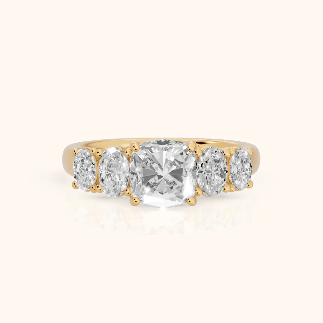 Judith Statement Five-Stone Cushion Diamond Engagement Ring in Yellow Gold — view 2