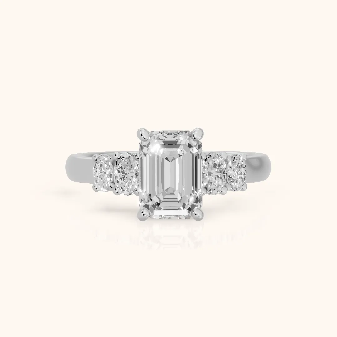 Kirsten Graduated Five-Stone Emerald Diamond Engagement Ring in White Gold — view 2