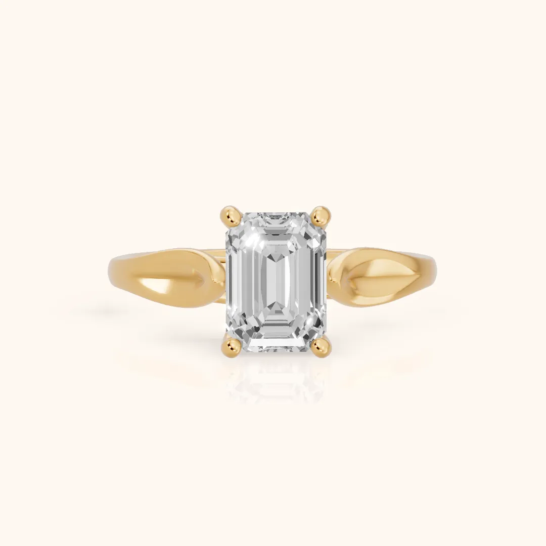 Lauretta Leaf Solitaire Emerald Diamond Engagement Ring in Yellow Gold — view 2