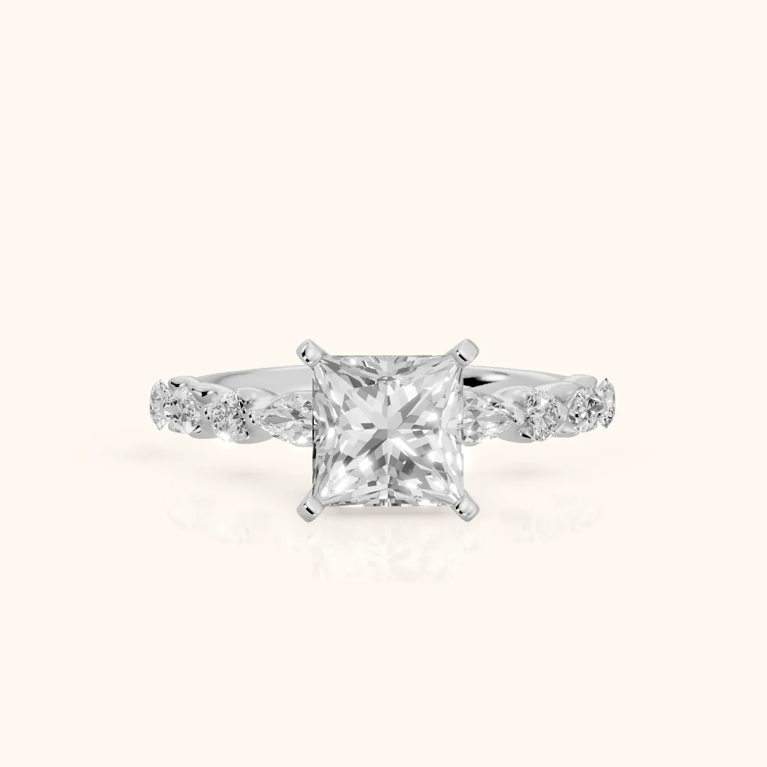 Lidia Leaf Garland Princess Diamond Engagement Ring in Silver — view 2