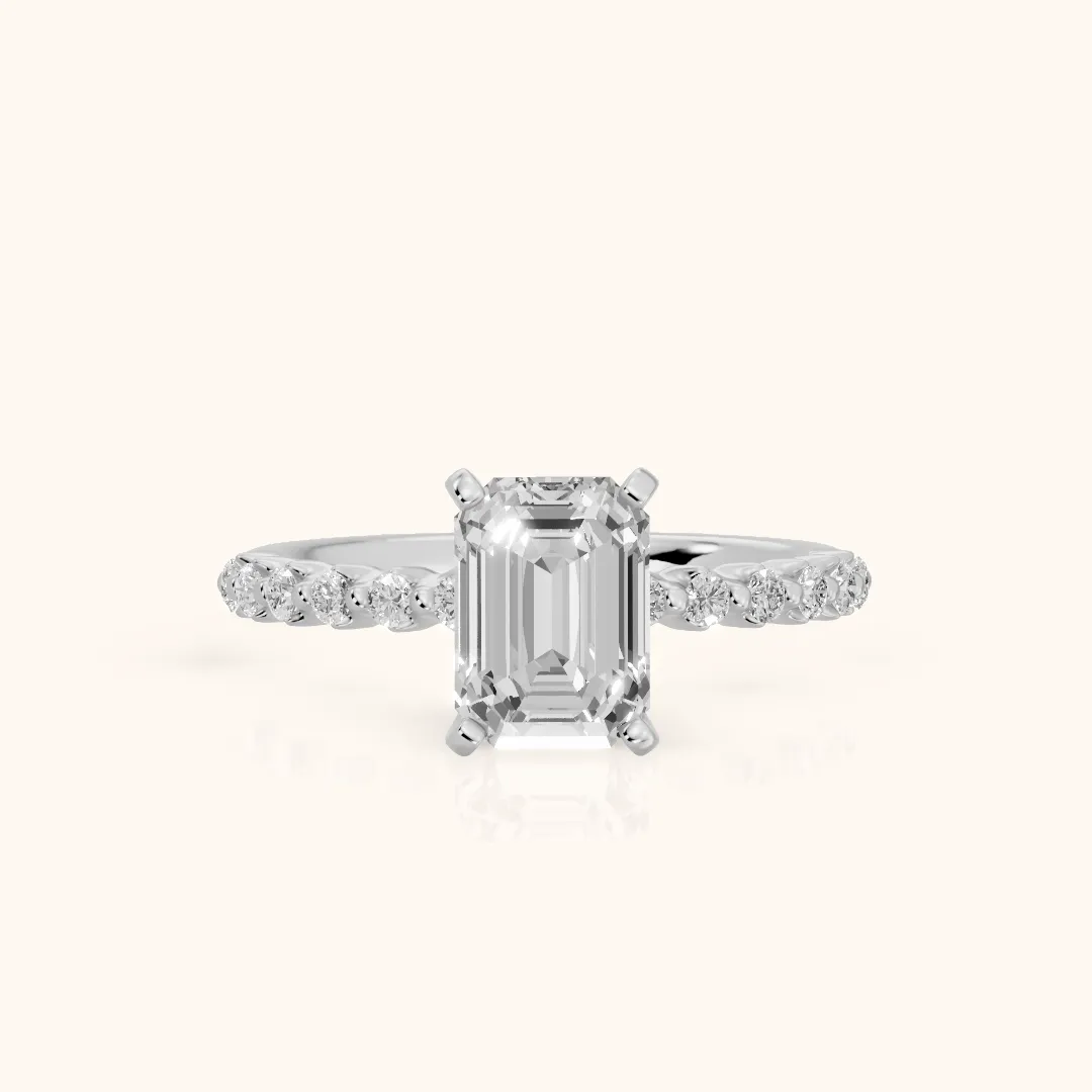Lilia Beaded Pavé Emerald Diamond Engagement Ring in White Gold — view 2