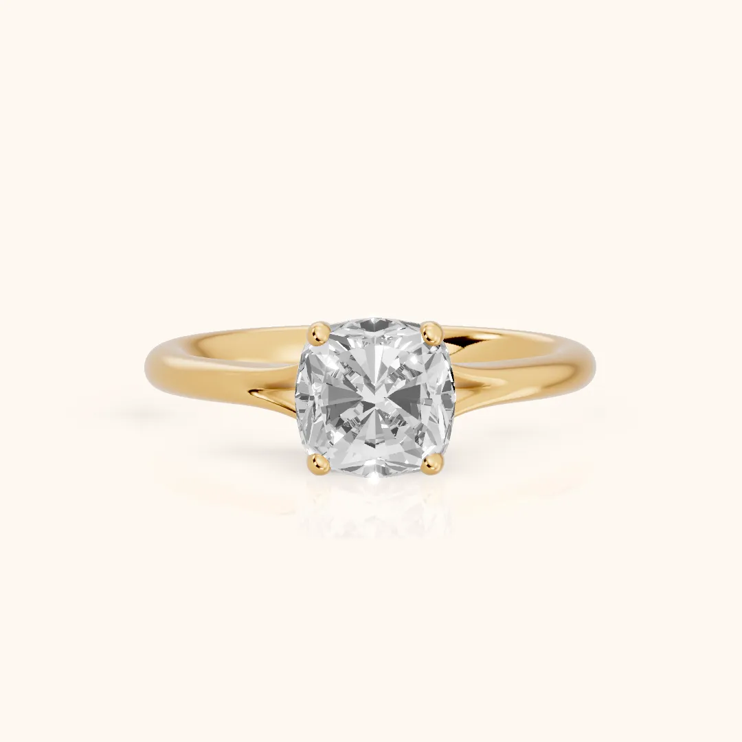 Melanie Solitaire Split Shank Cushion Diamond Engagement Ring in Yellow Gold — view 2