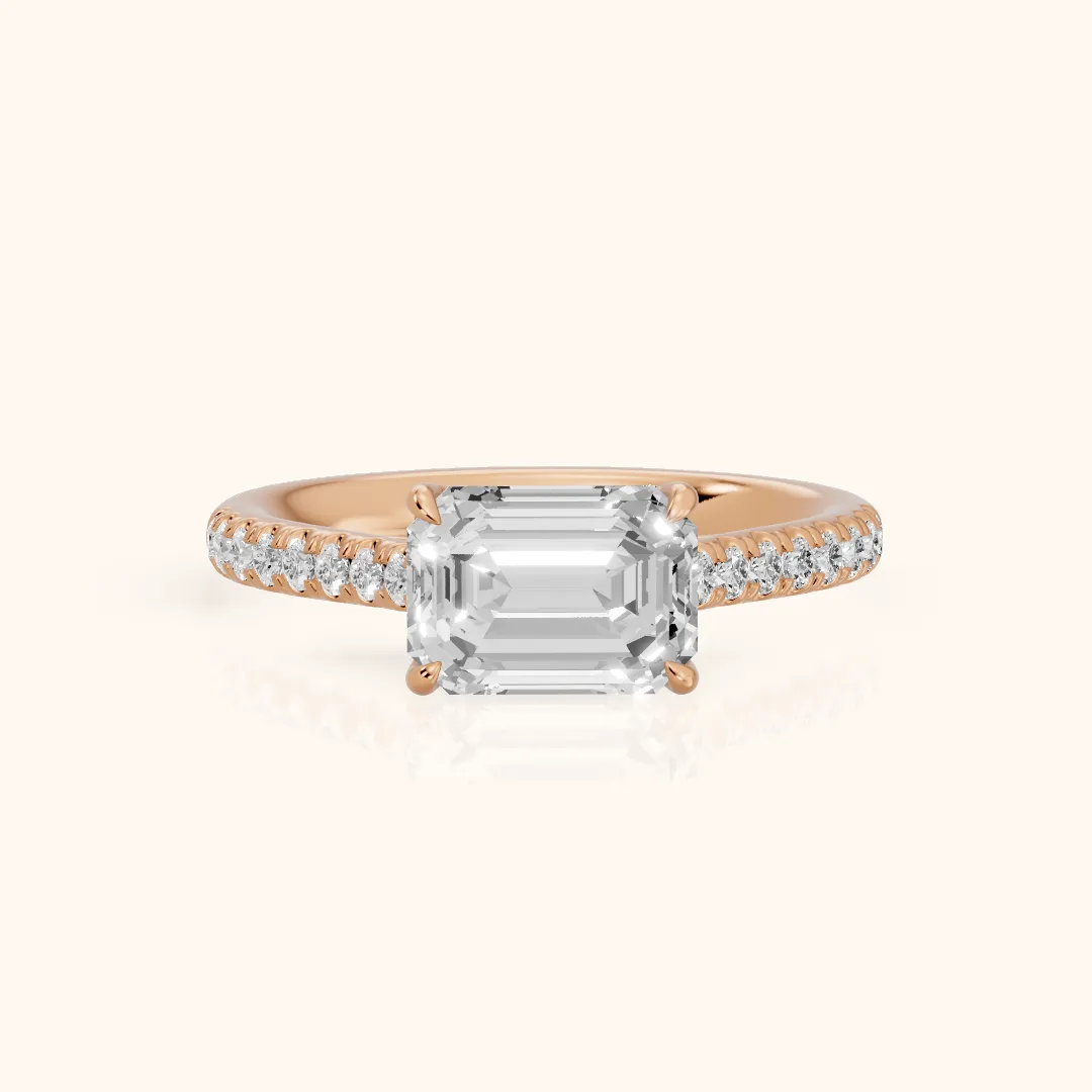 Odelia East-West Pavé Emerald Diamond Engagement Ring in Rose Gold — view 2