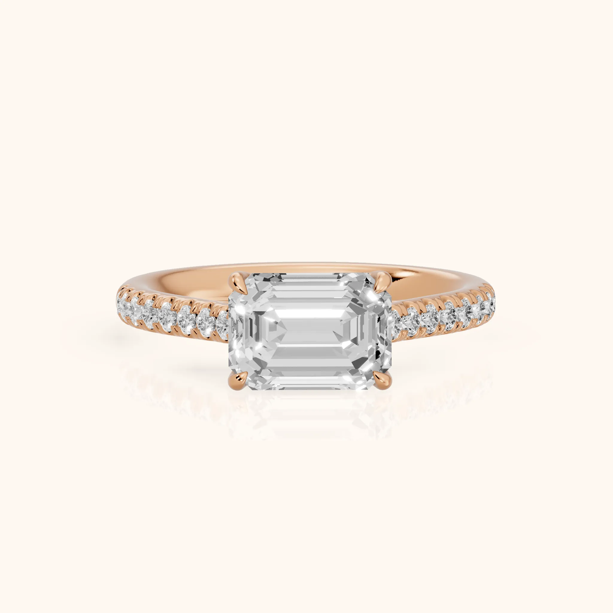 Odelia East-West Pavé Emerald Diamond Engagement Ring in Rose Gold — view 1