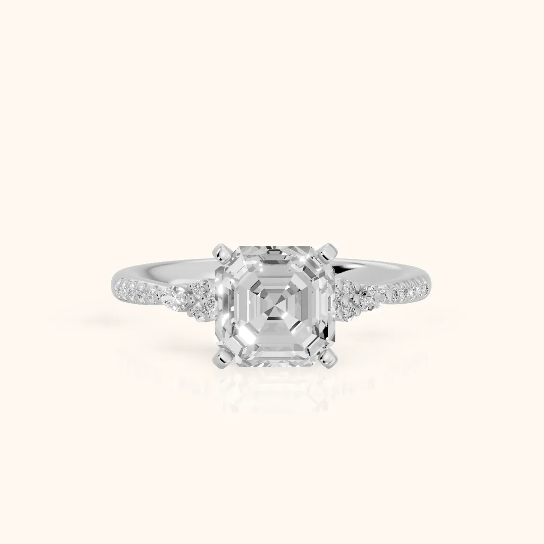 Reina Pavé Cluster Asscher Diamond Engagement Ring in Silver — view 2