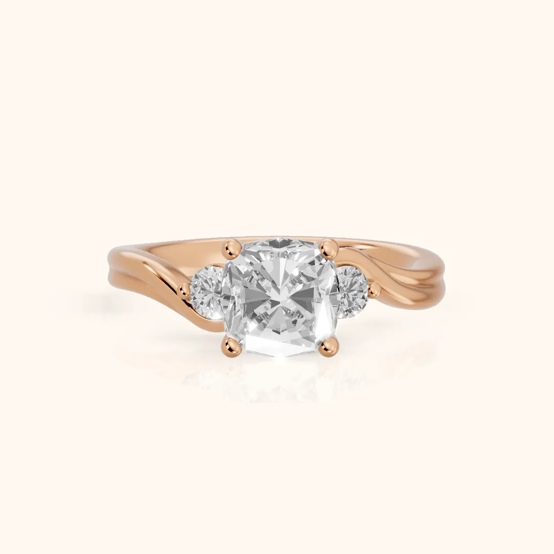 Rena Bypass Three-Stone Cushion Diamond Engagement Ring in Rose Gold — view 2