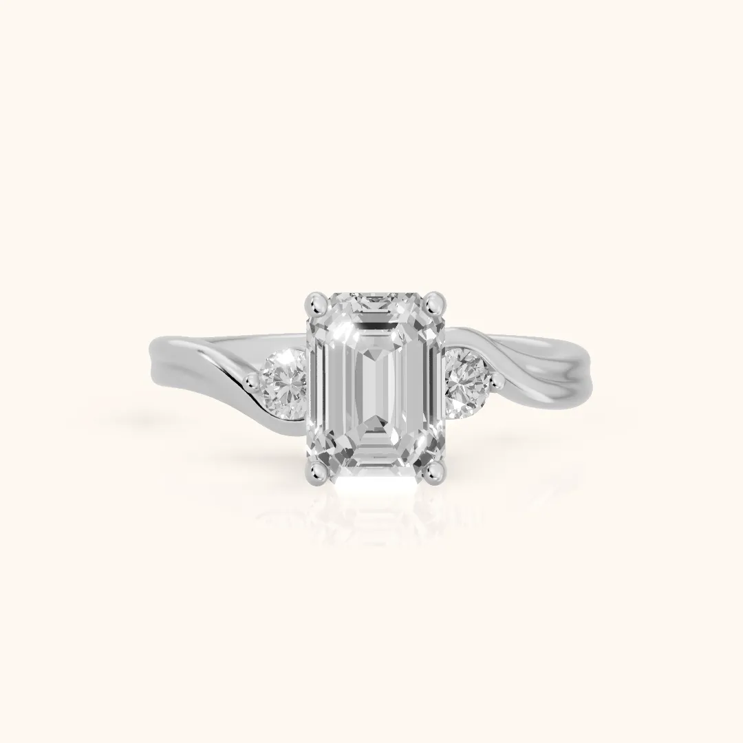 Rena Bypass Three-Stone Emerald Diamond Engagement Ring in Silver — view 2
