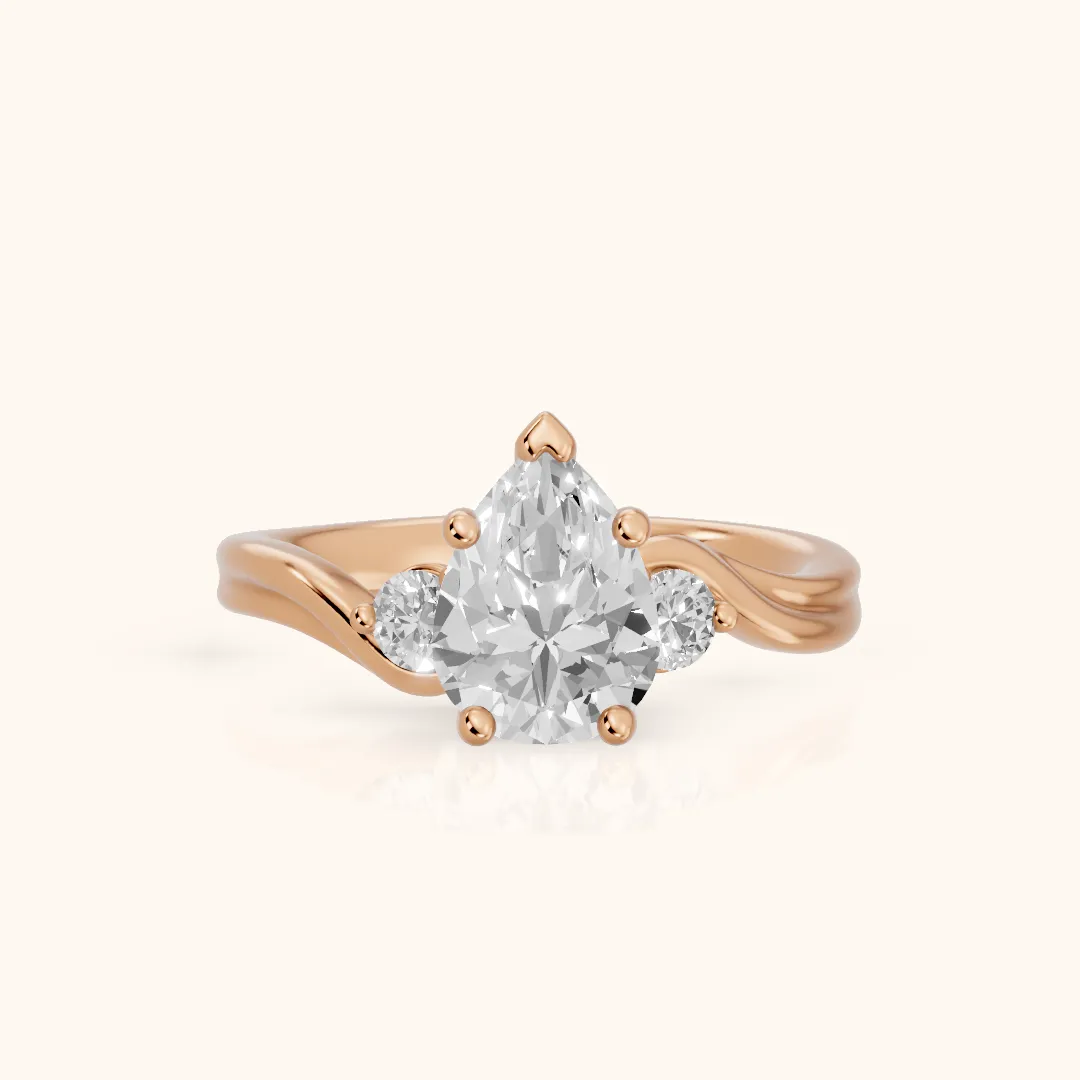 Rena Bypass Three-Stone Pear Diamond Engagement Ring in Rose Gold — view 2