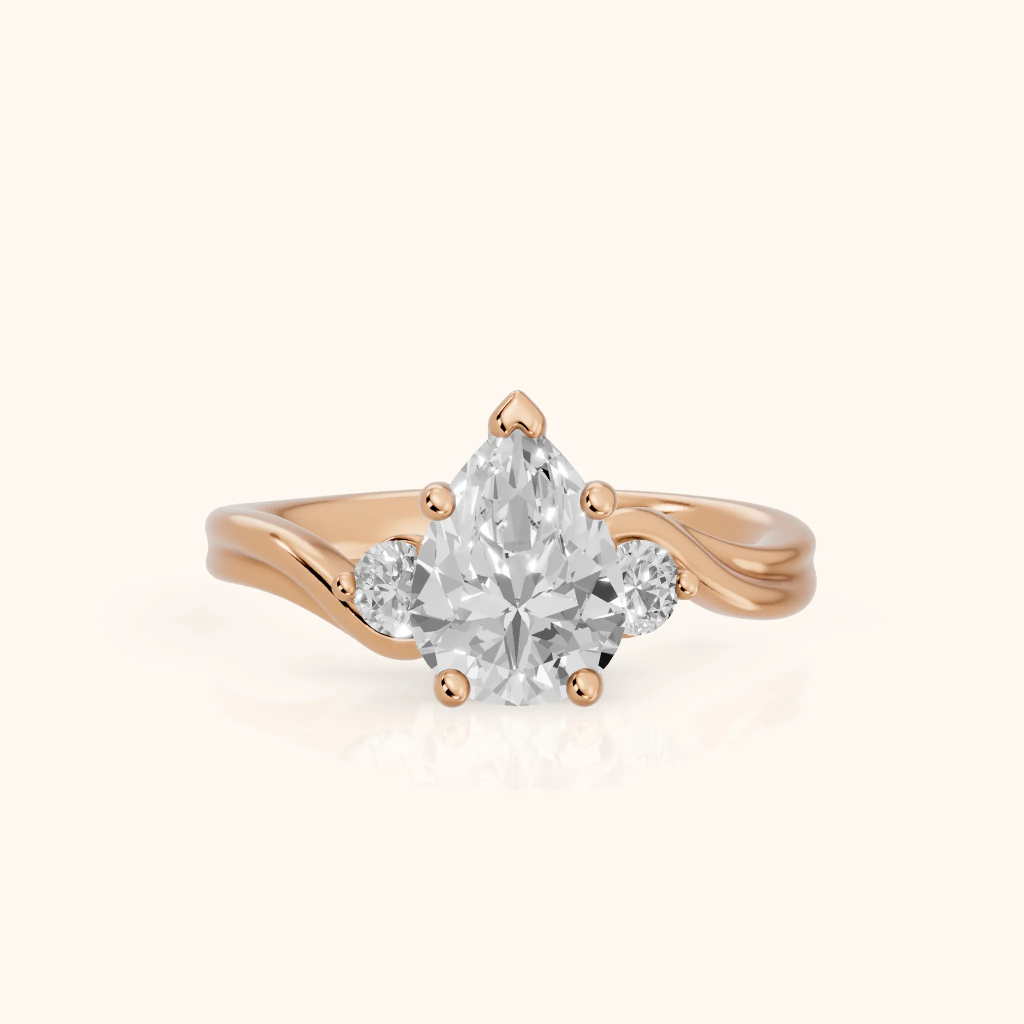 Rena Bypass Three-Stone Pear Diamond Engagement Ring in Rose Gold — view 1