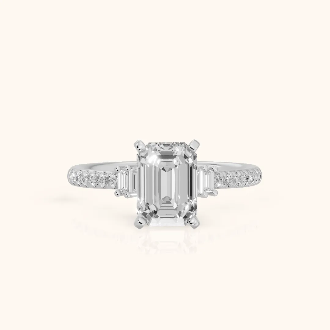Rhona Baguette Pavé Emerald Diamond Engagement Ring in Silver — view 2