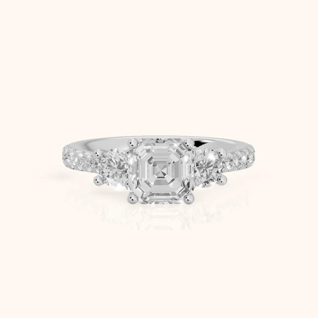 Sibyl Trellis Three-Stone Asscher Diamond Engagement Ring in Silver — view 2