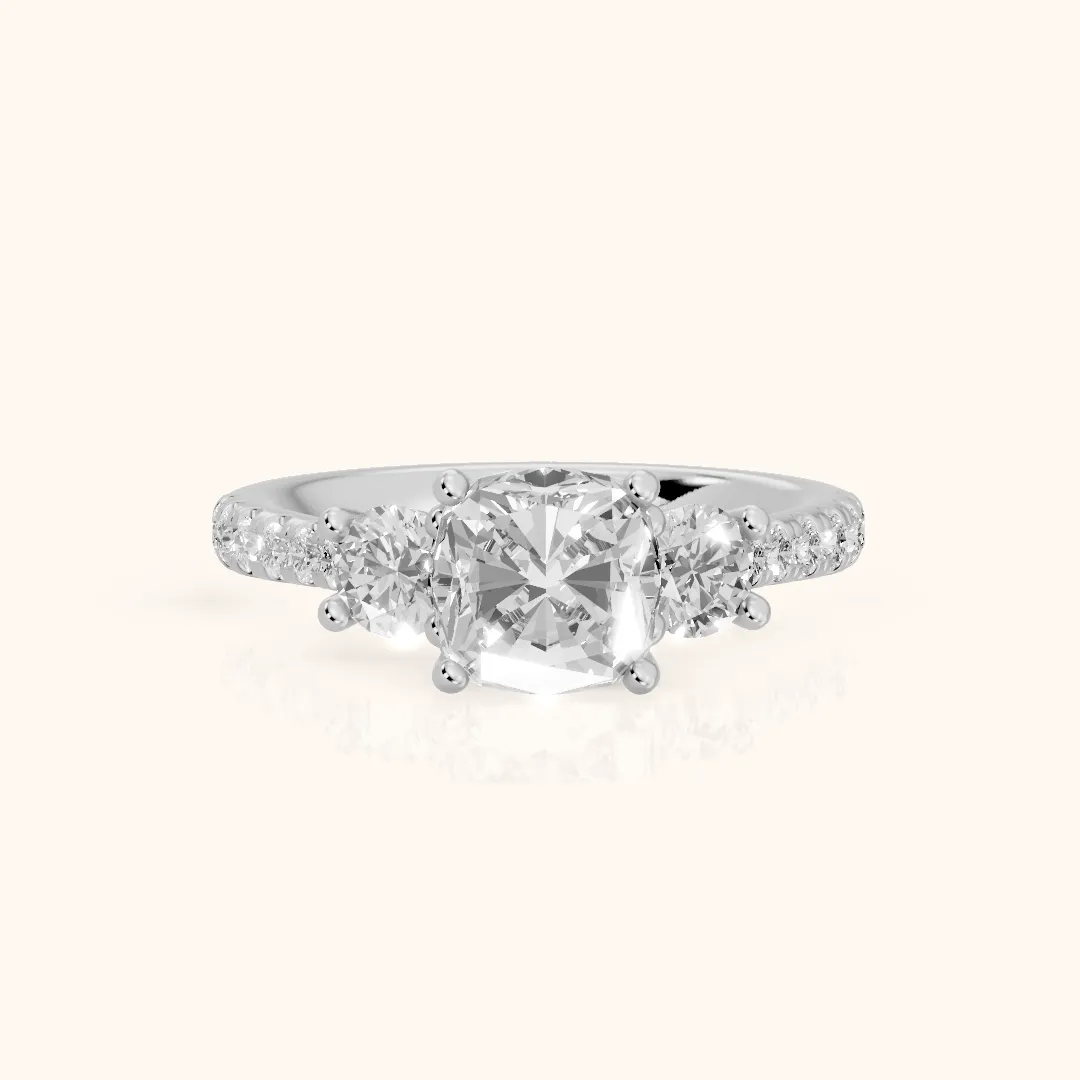 Sibyl Trellis Three-Stone Cushion Diamond Engagement Ring in Platinum — view 2