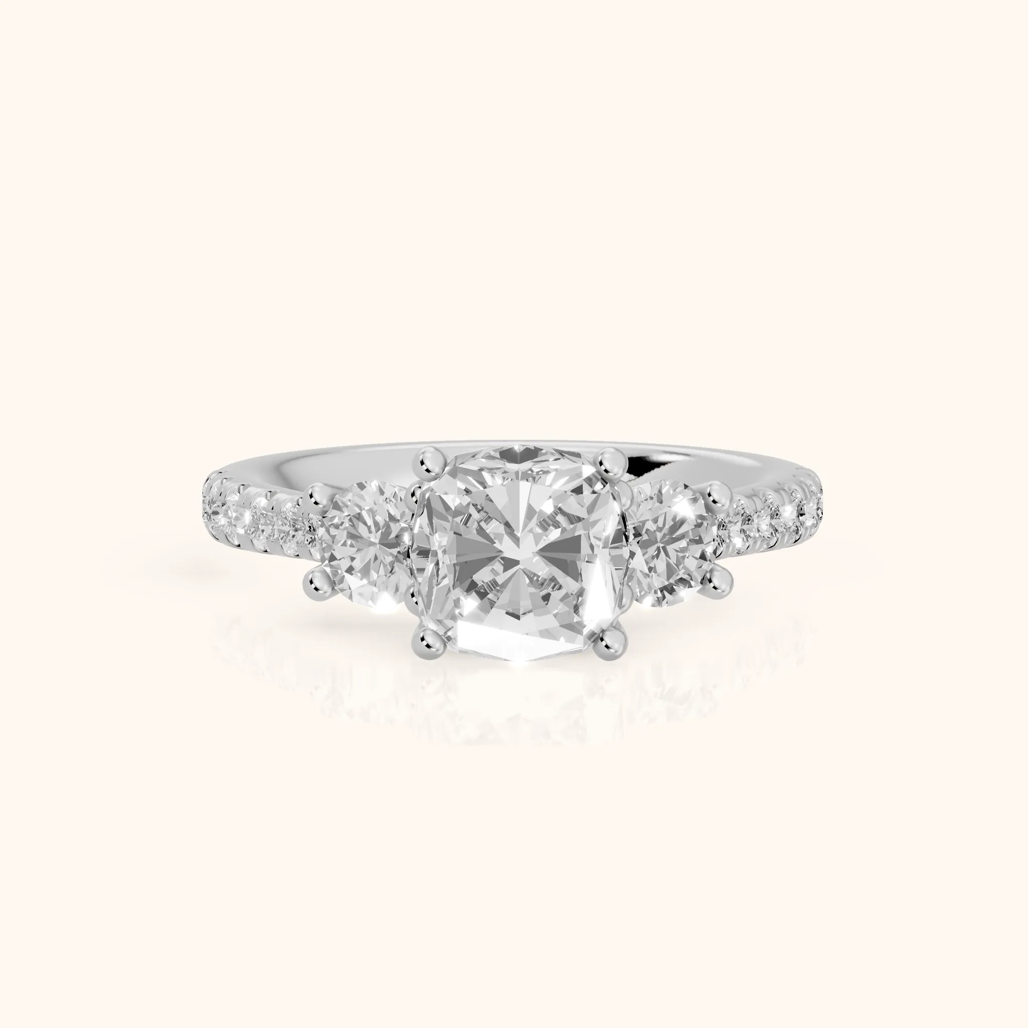 Sibyl Trellis Three-Stone Cushion Diamond Engagement Ring in Platinum — view 1
