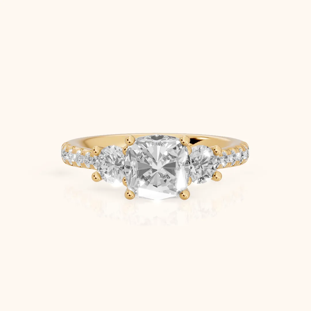 Sibyl Trellis Three-Stone Cushion Diamond Engagement Ring in Yellow Gold — view 2