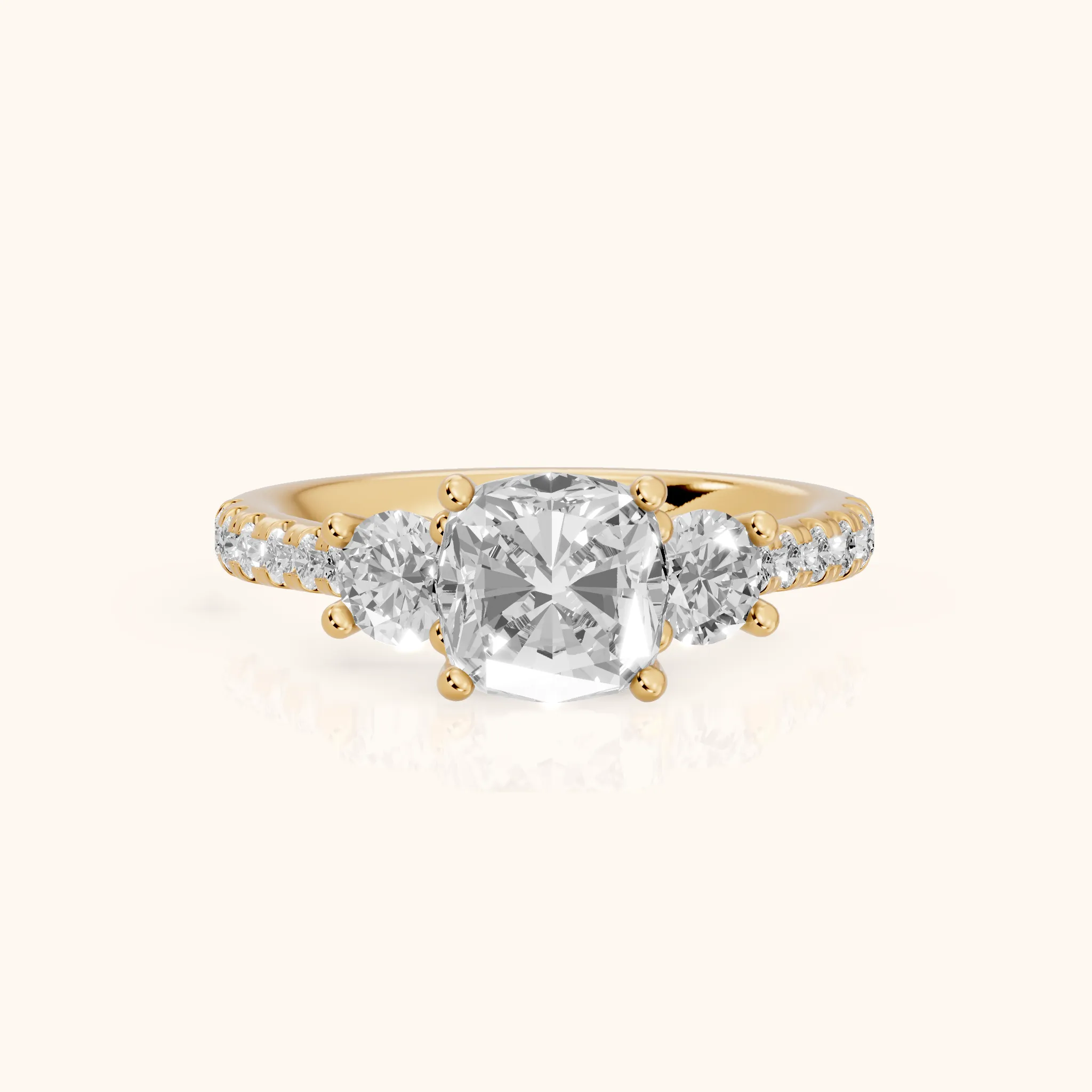 Sibyl Trellis Three-Stone Cushion Diamond Engagement Ring in Yellow Gold — view 1