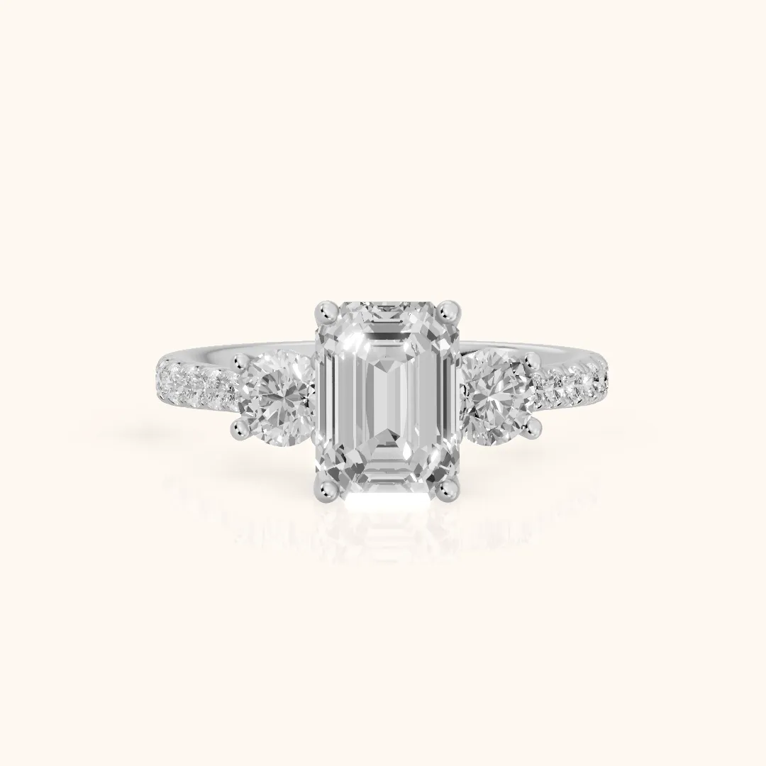 Sibyl Trellis Three-Stone Emerald Diamond Engagement Ring in White Gold — view 2