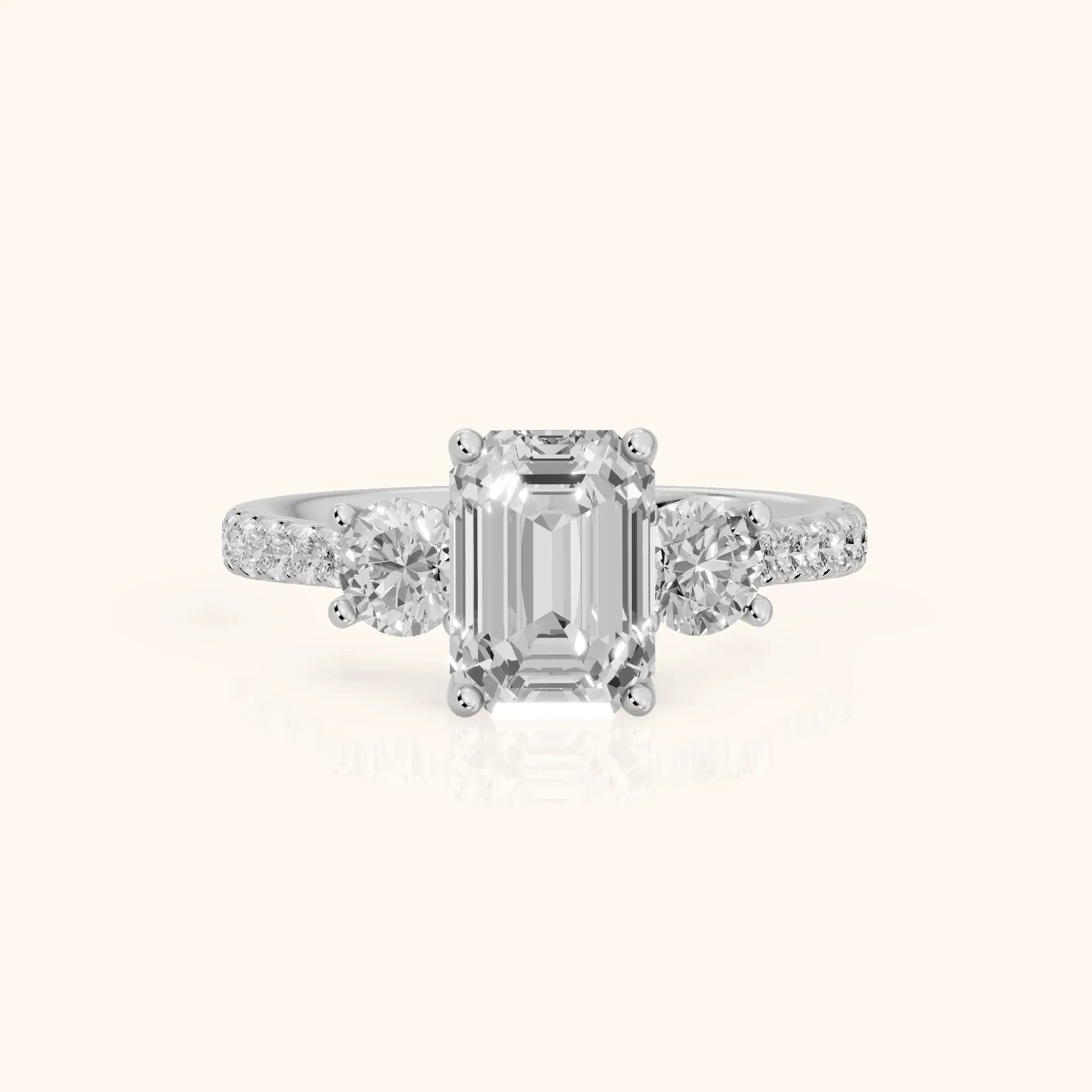 Sibyl Trellis Three-Stone Emerald Diamond Engagement Ring in White Gold — view 1