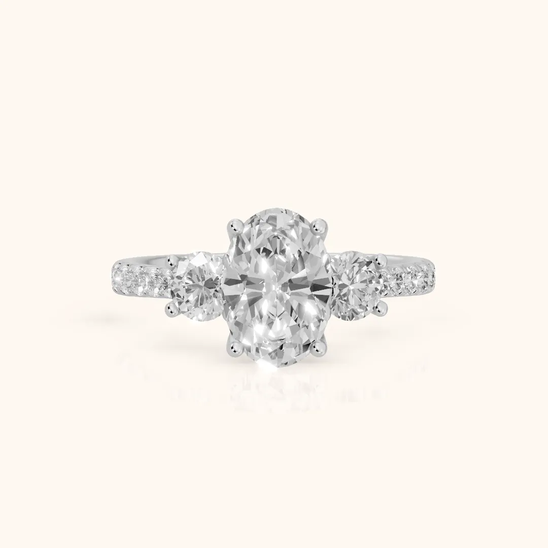 Sibyl Trellis Three-Stone Oval Diamond Engagement Ring in Platinum — view 2
