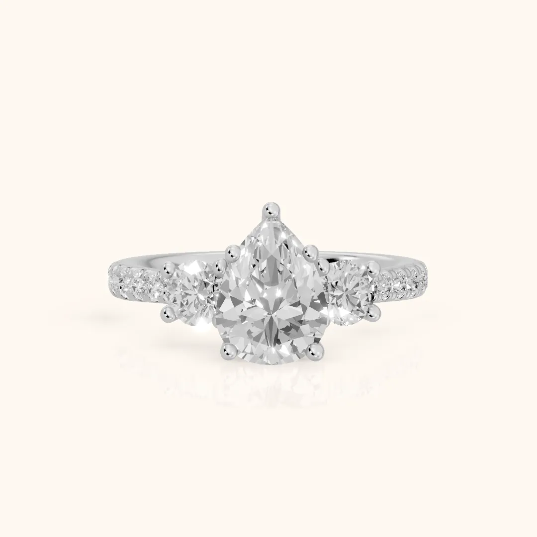 Sibyl Trellis Three-Stone Pear Diamond Engagement Ring in White Gold — view 2