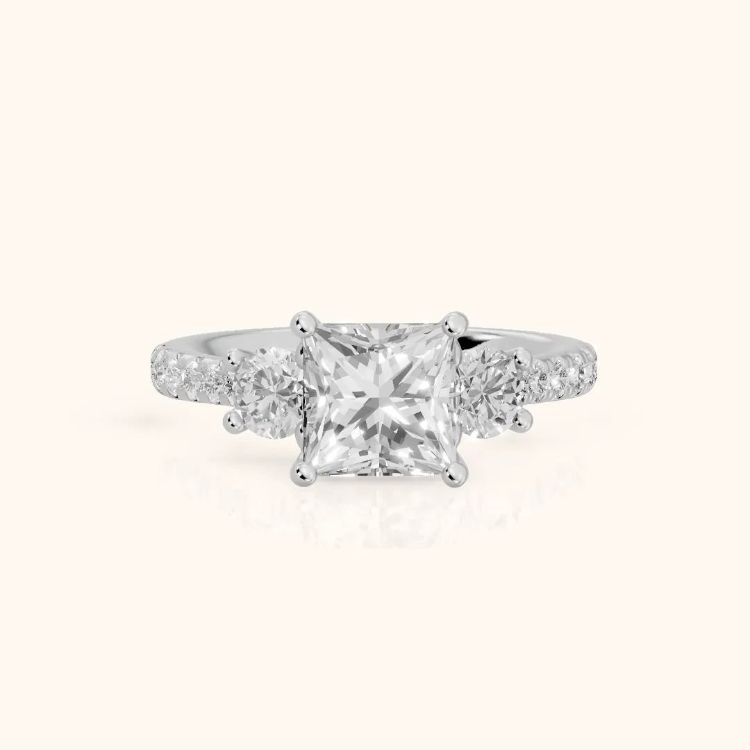 Sibyl Trellis Three-Stone Princess Diamond Engagement Ring in Silver — view 2