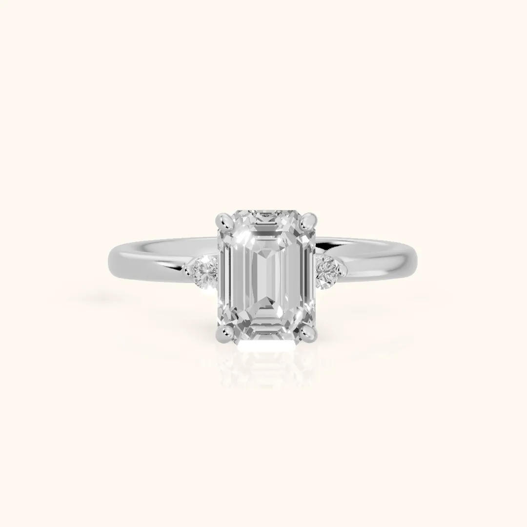 Teodora Floating Three-Stone Emerald Diamond Engagement Ring in Platinum — view 2