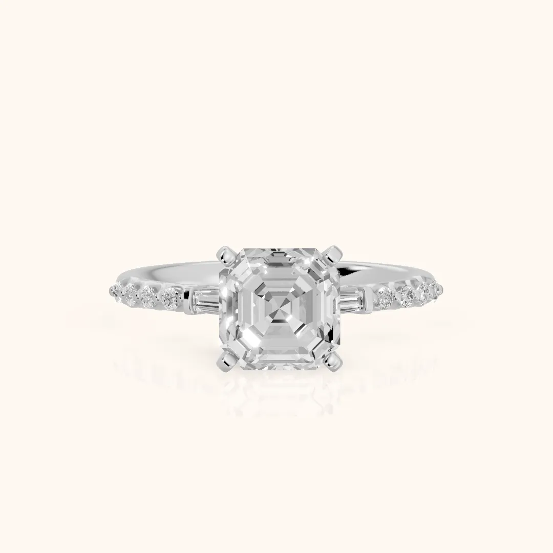 Taos Beaded Baguette Asscher Diamond Engagement Ring in Silver — view 2