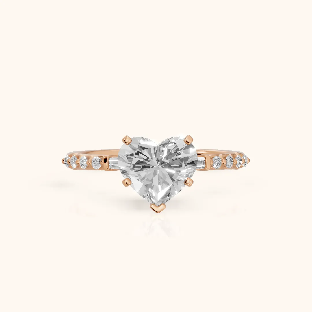 Taos Beaded Baguette Heart Diamond Engagement Ring in Rose Gold — view 2