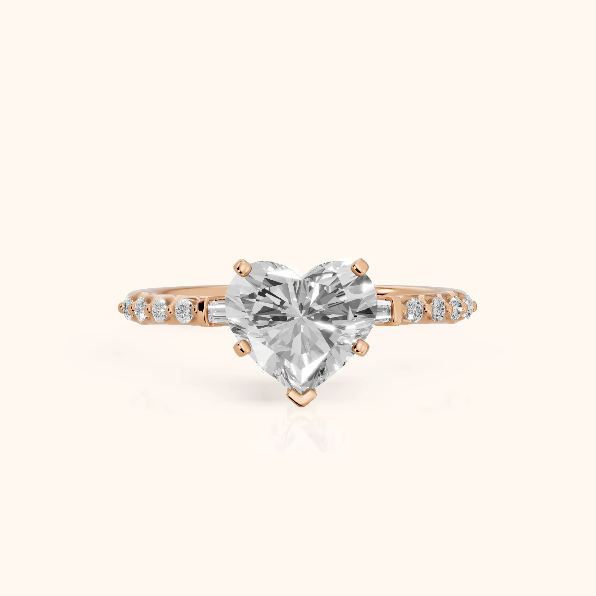 Taos Beaded Baguette Heart Diamond Engagement Ring in Rose Gold — view 1