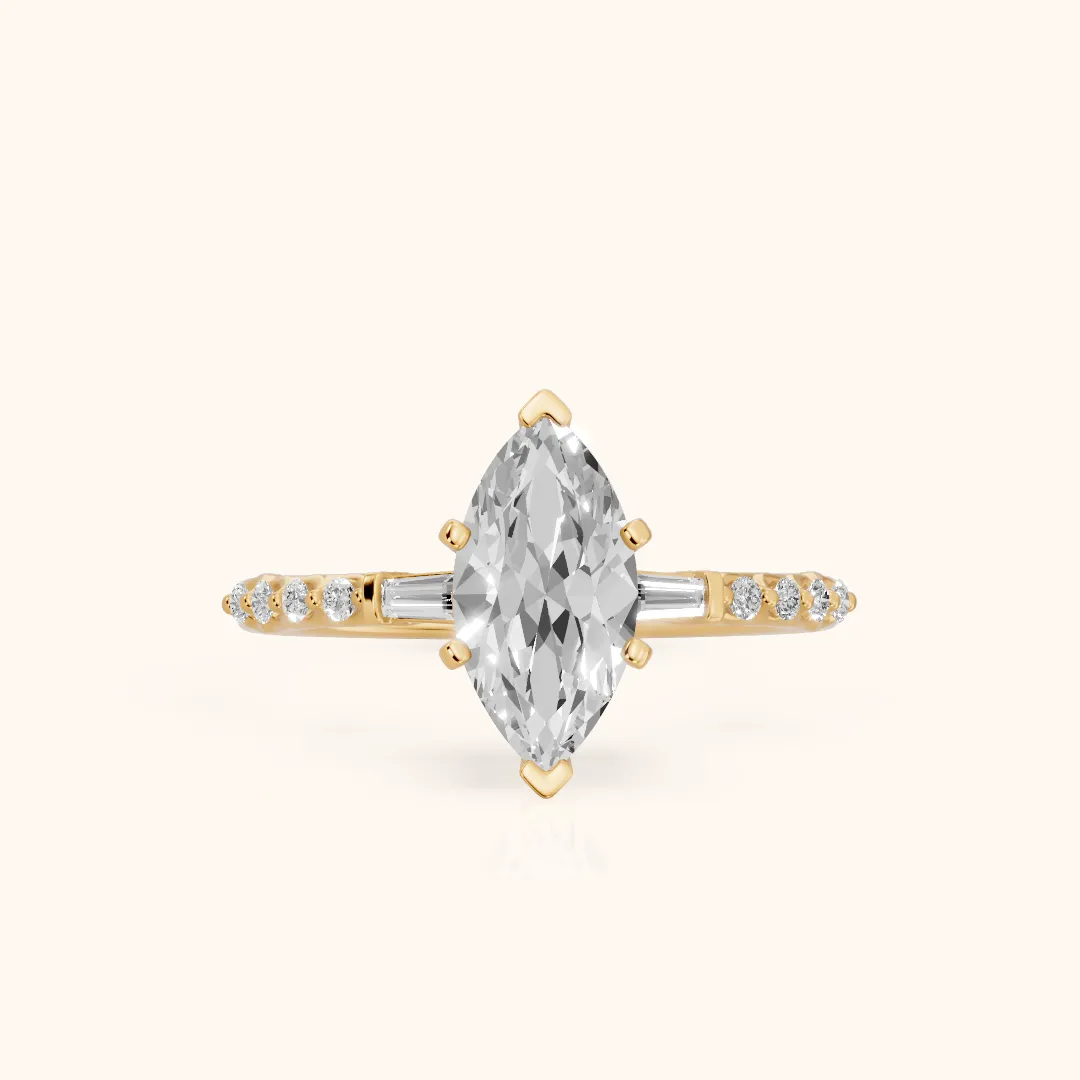 Taos Beaded Baguette Marquise Diamond Engagement Ring in Yellow Gold — view 2