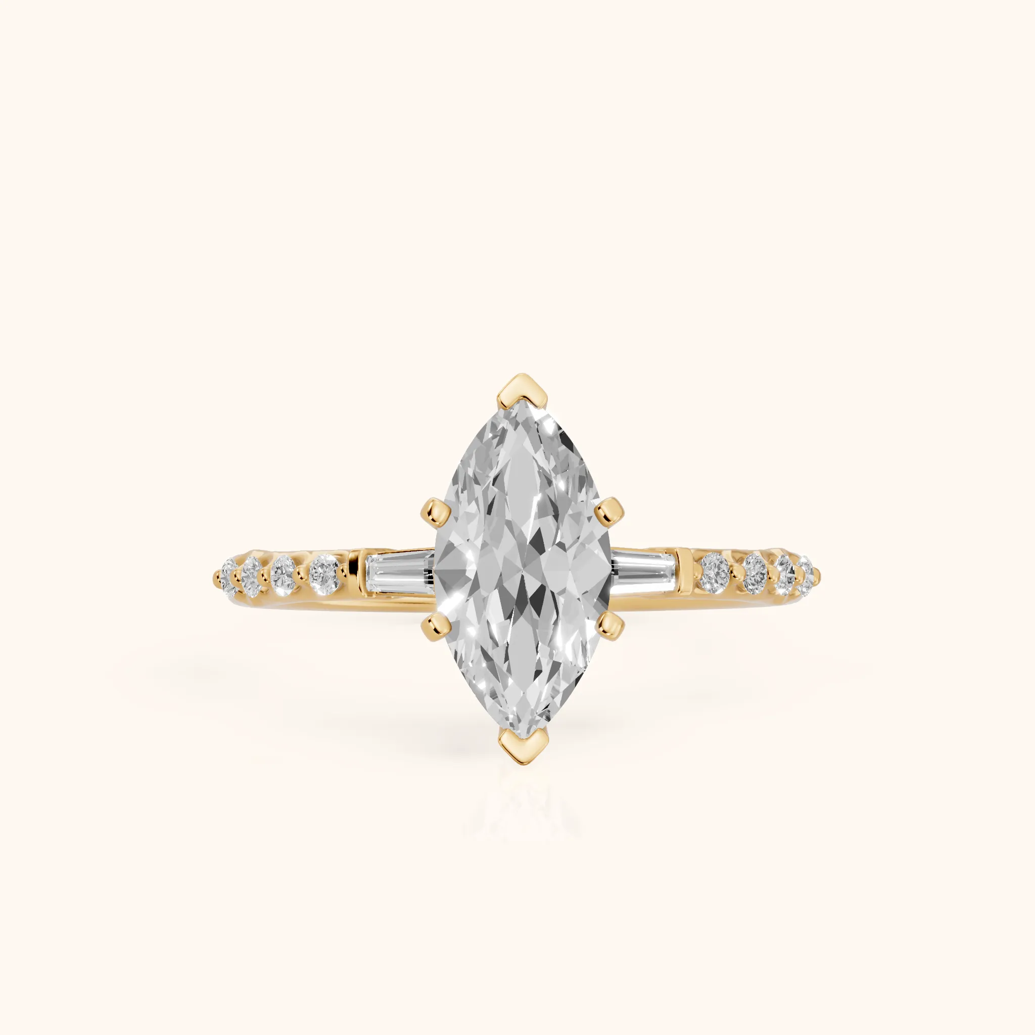 Taos Beaded Baguette Marquise Diamond Engagement Ring in Yellow Gold — view 1