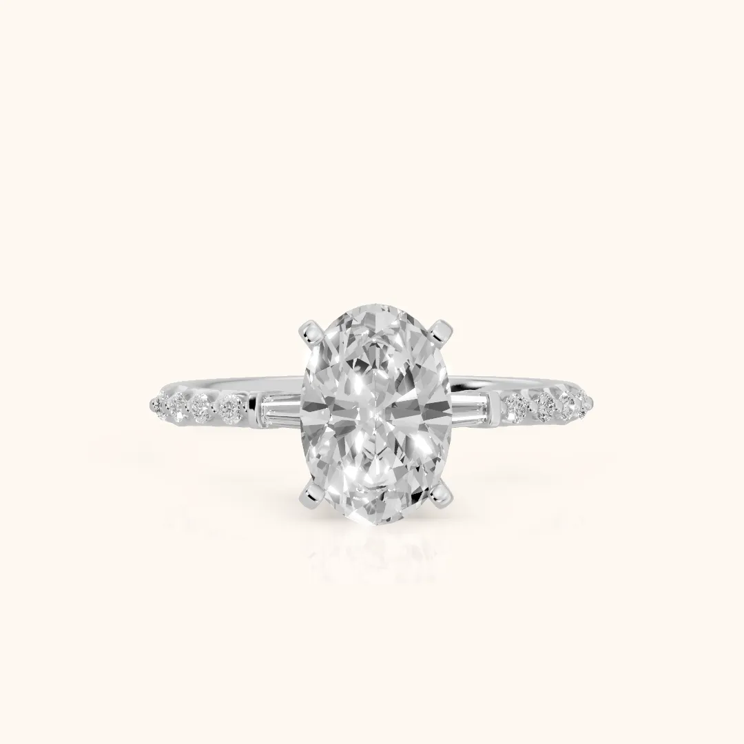 Taos Beaded Baguette Oval Diamond Engagement Ring in Silver — view 2