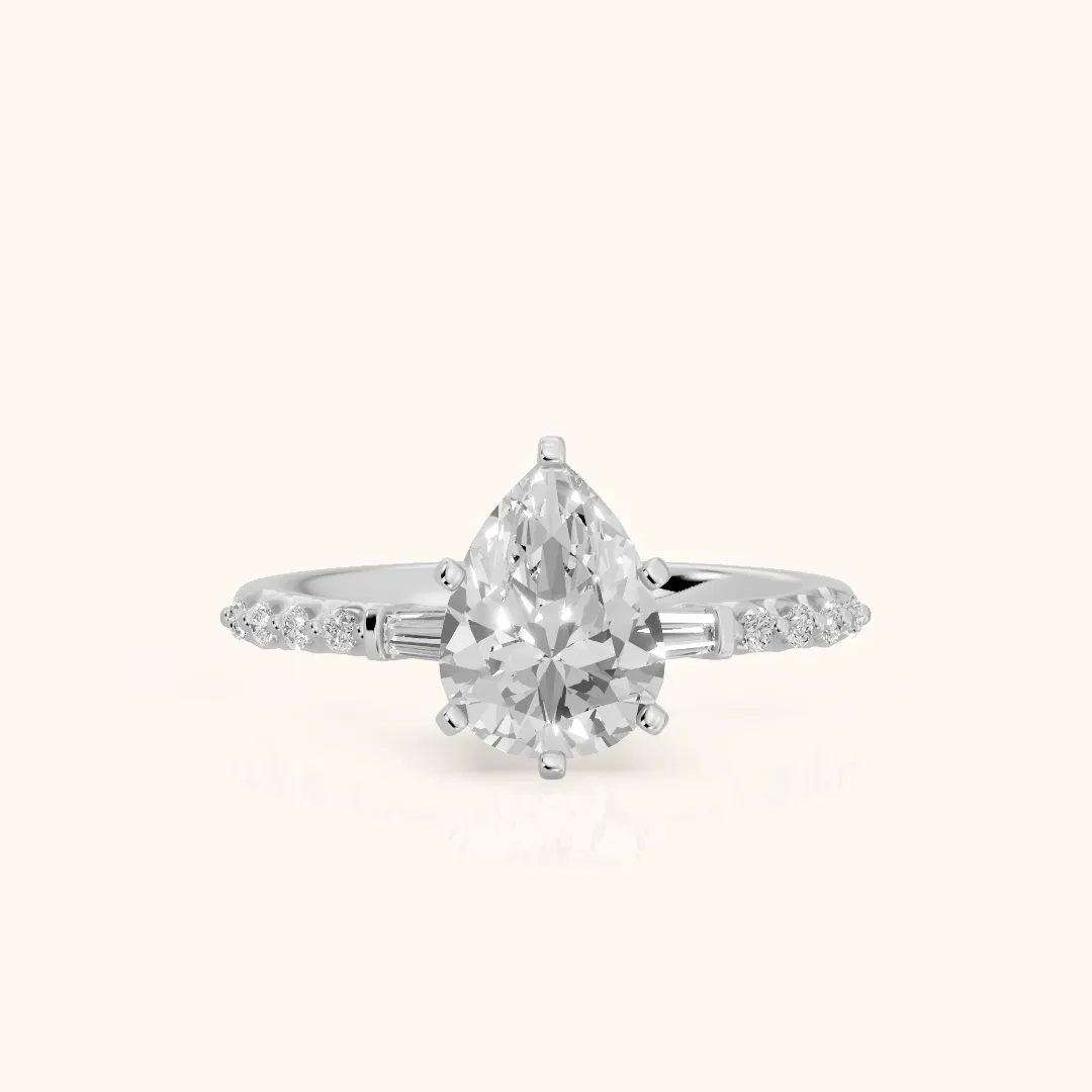 Taos Beaded Baguette Pear Diamond Engagement Ring in Silver — view 2