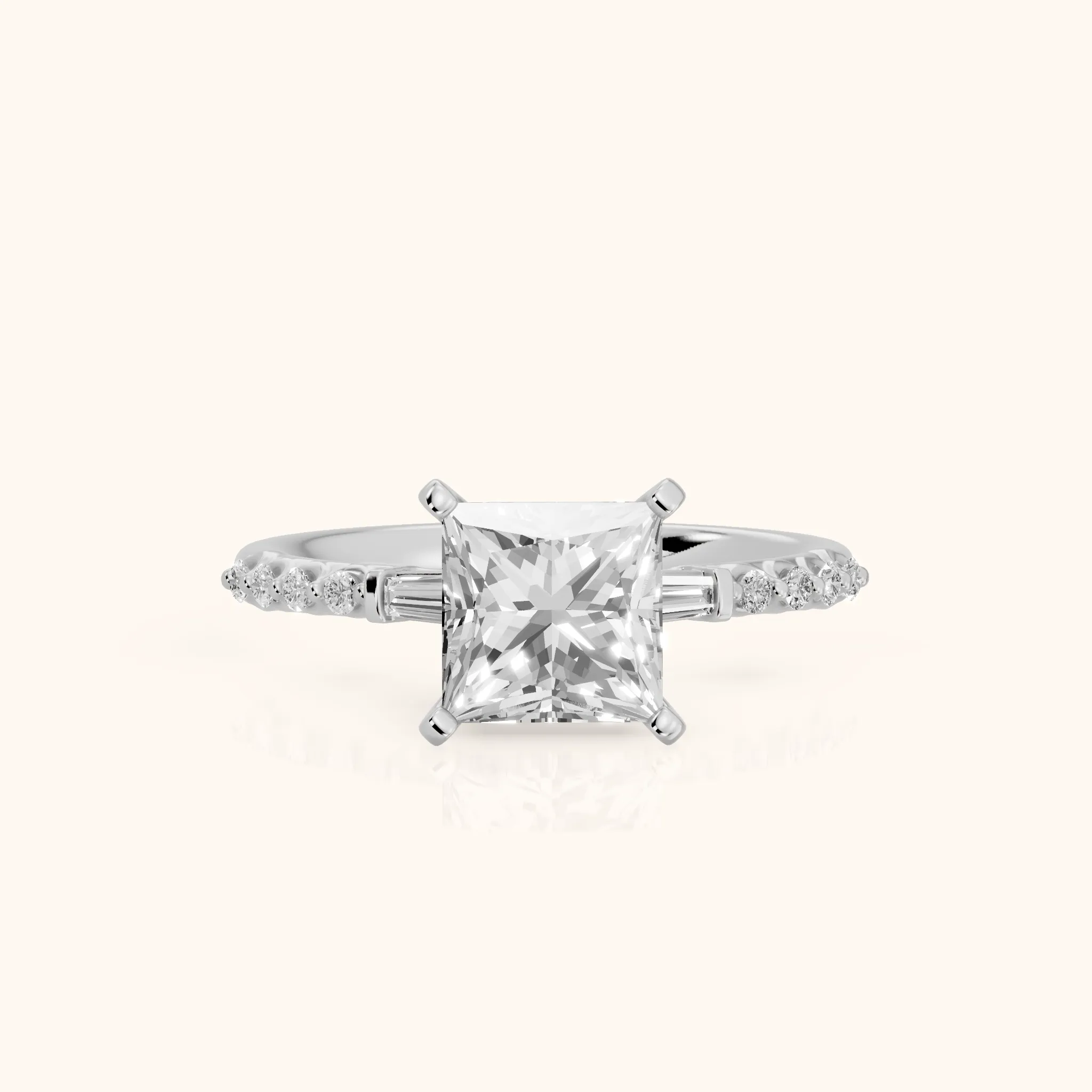 Taos Beaded Baguette Princess Diamond Engagement Ring in White Gold — view 1