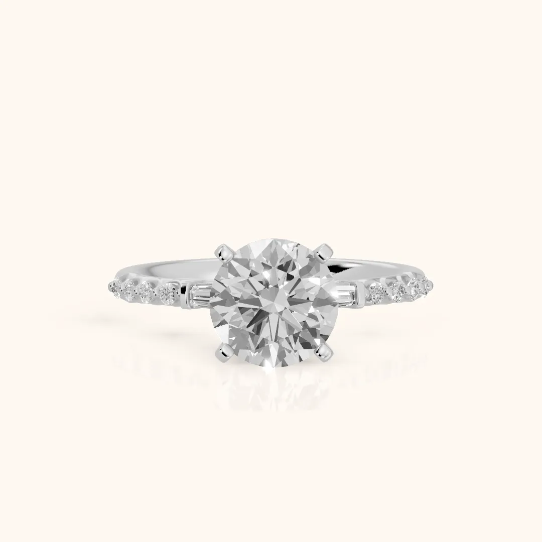 Taos Beaded Baguette Round Diamond Engagement Ring in White Gold — view 2