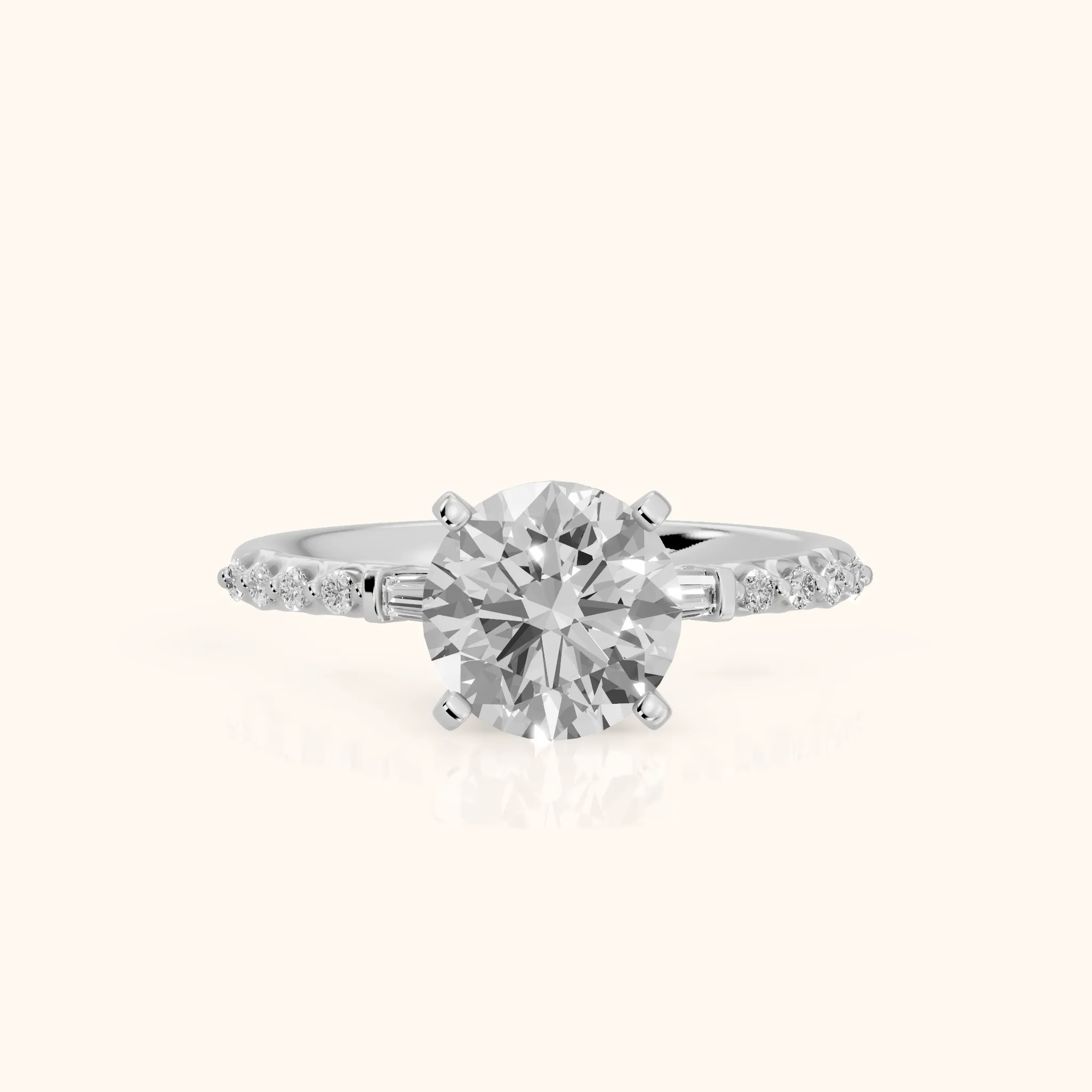 Taos Beaded Baguette Round Diamond Engagement Ring in White Gold — view 1