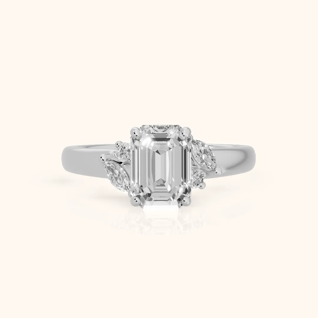 Napa Leaf Cluster Emerald Diamond Engagement Ring in White Gold — view 2