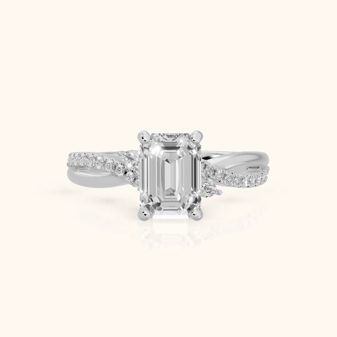 Reno Pear-Side Twist Emerald Diamond Engagement Ring in Platinum — view 2