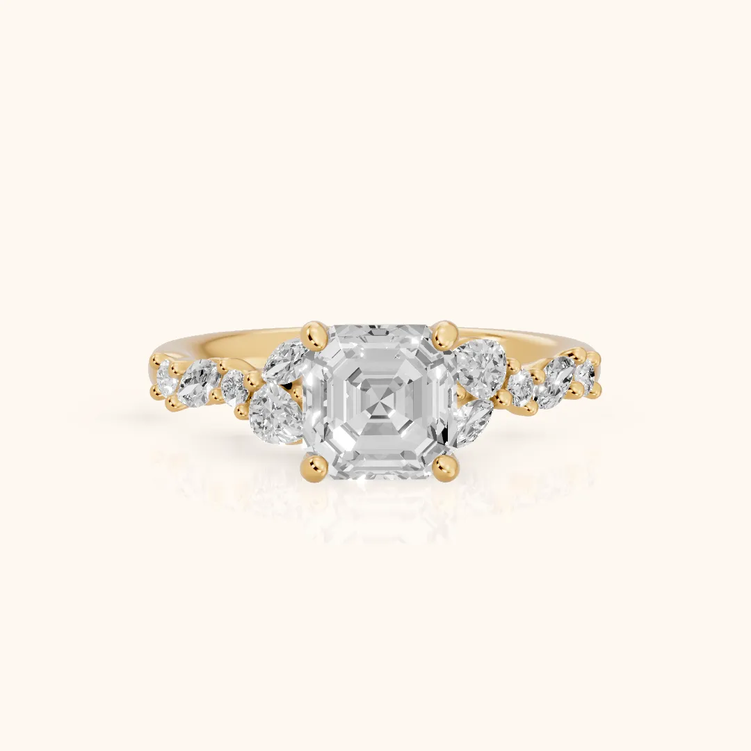 Mesa Vine Cluster Asscher Diamond Engagement Ring in Yellow Gold — view 2