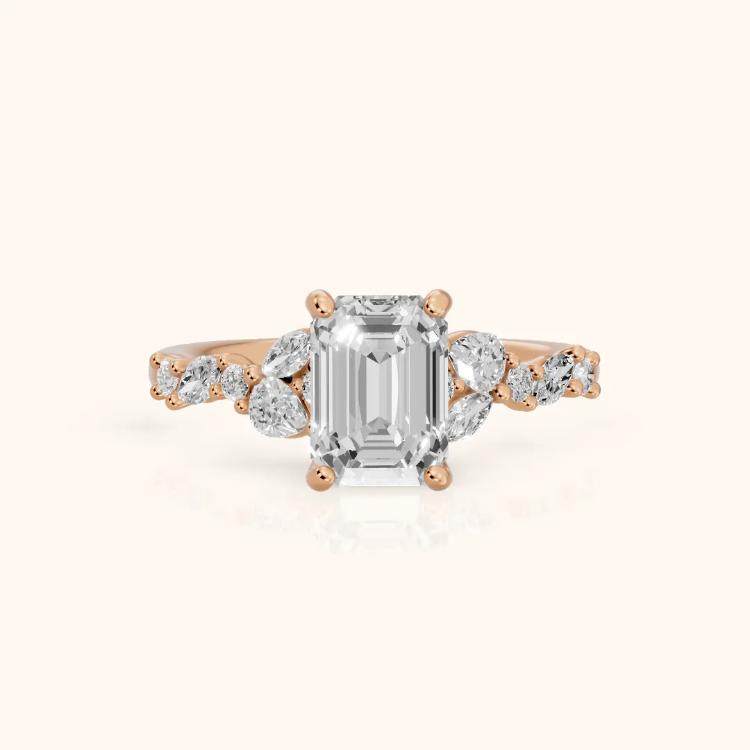 Mesa Vine Cluster Emerald Diamond Engagement Ring in Rose Gold — view 2