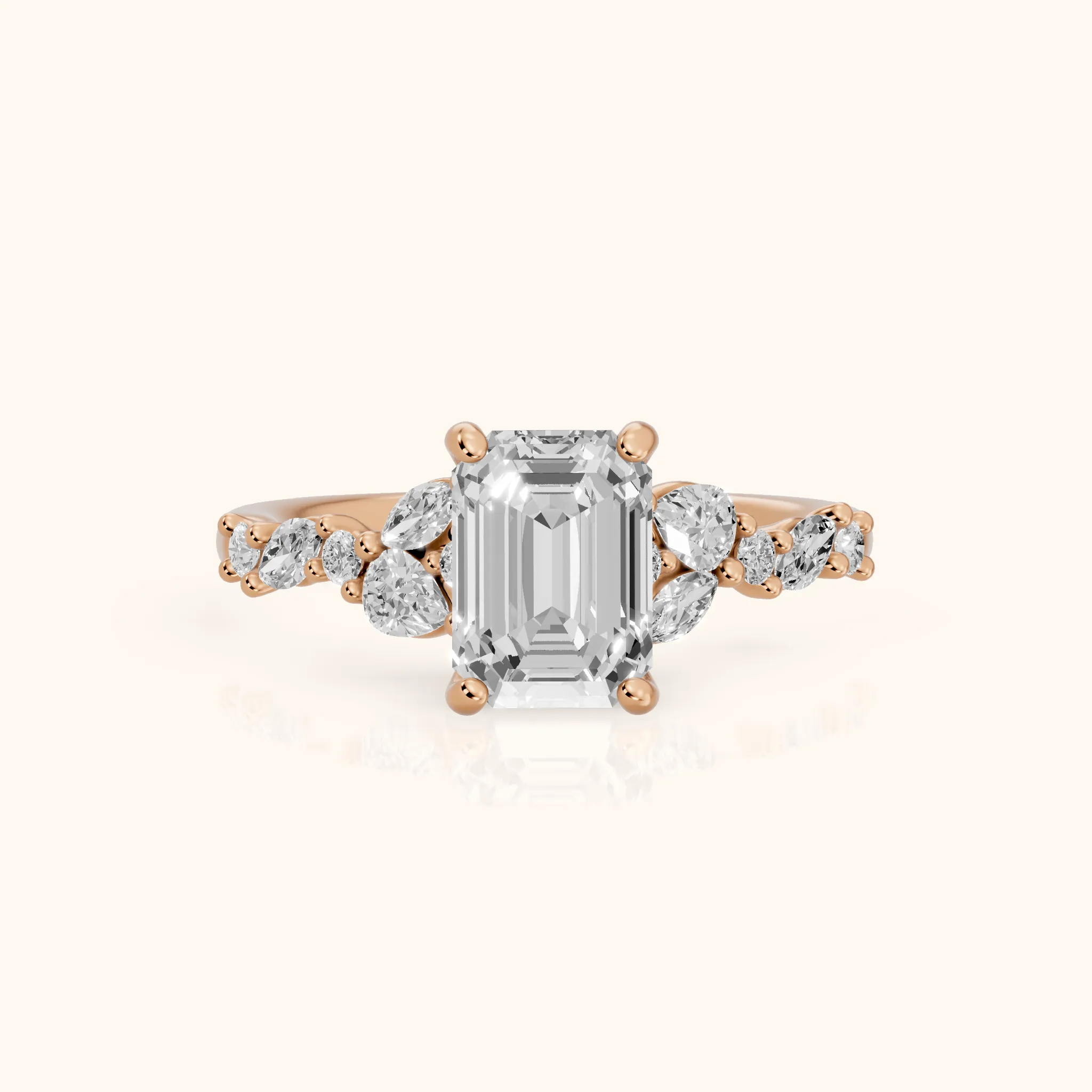 Mesa Vine Cluster Emerald Diamond Engagement Ring in Rose Gold — view 1