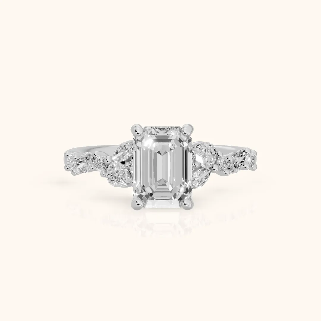 Mesa Vine Cluster Emerald Diamond Engagement Ring in White Gold — view 2