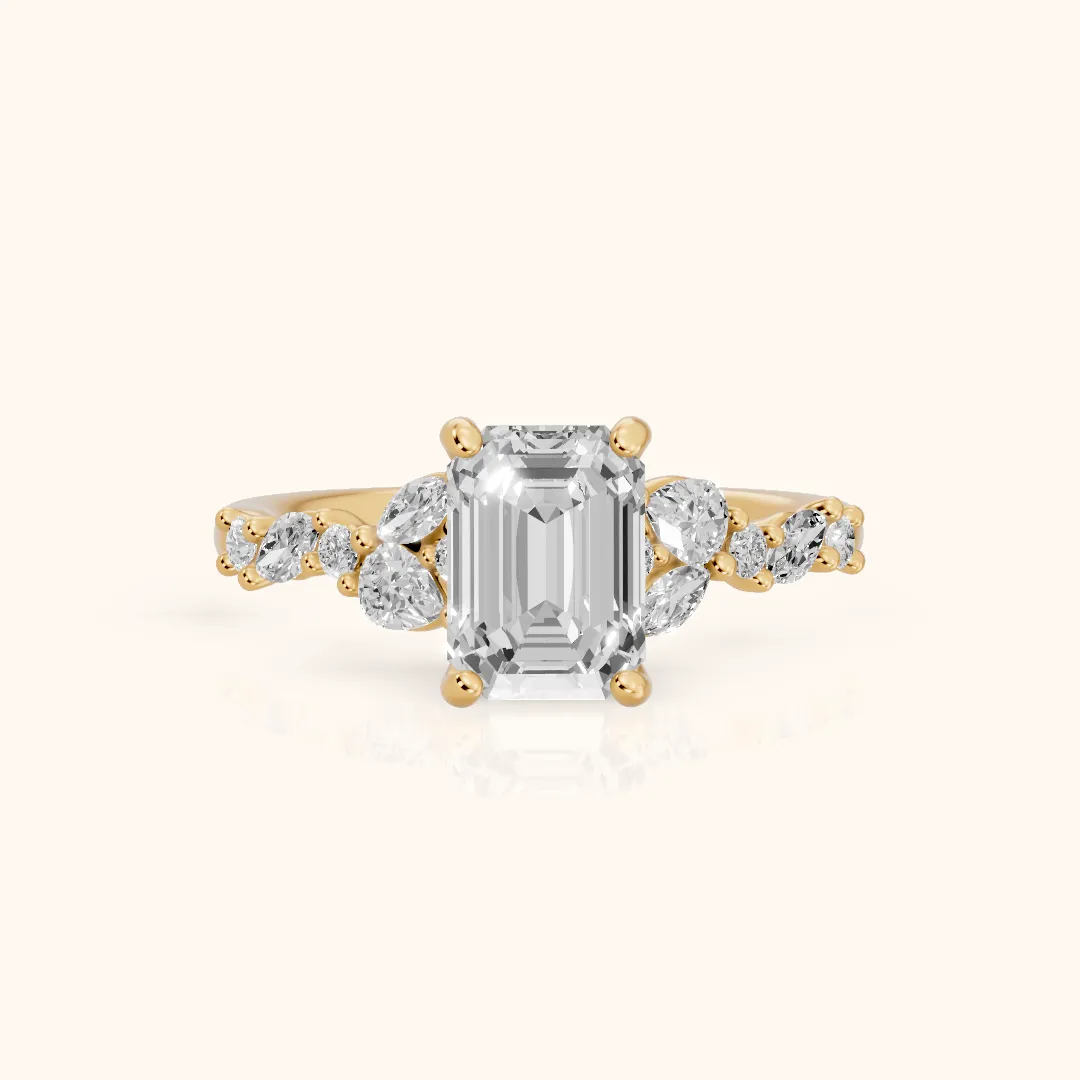 Mesa Vine Cluster Emerald Diamond Engagement Ring in Yellow Gold — view 2