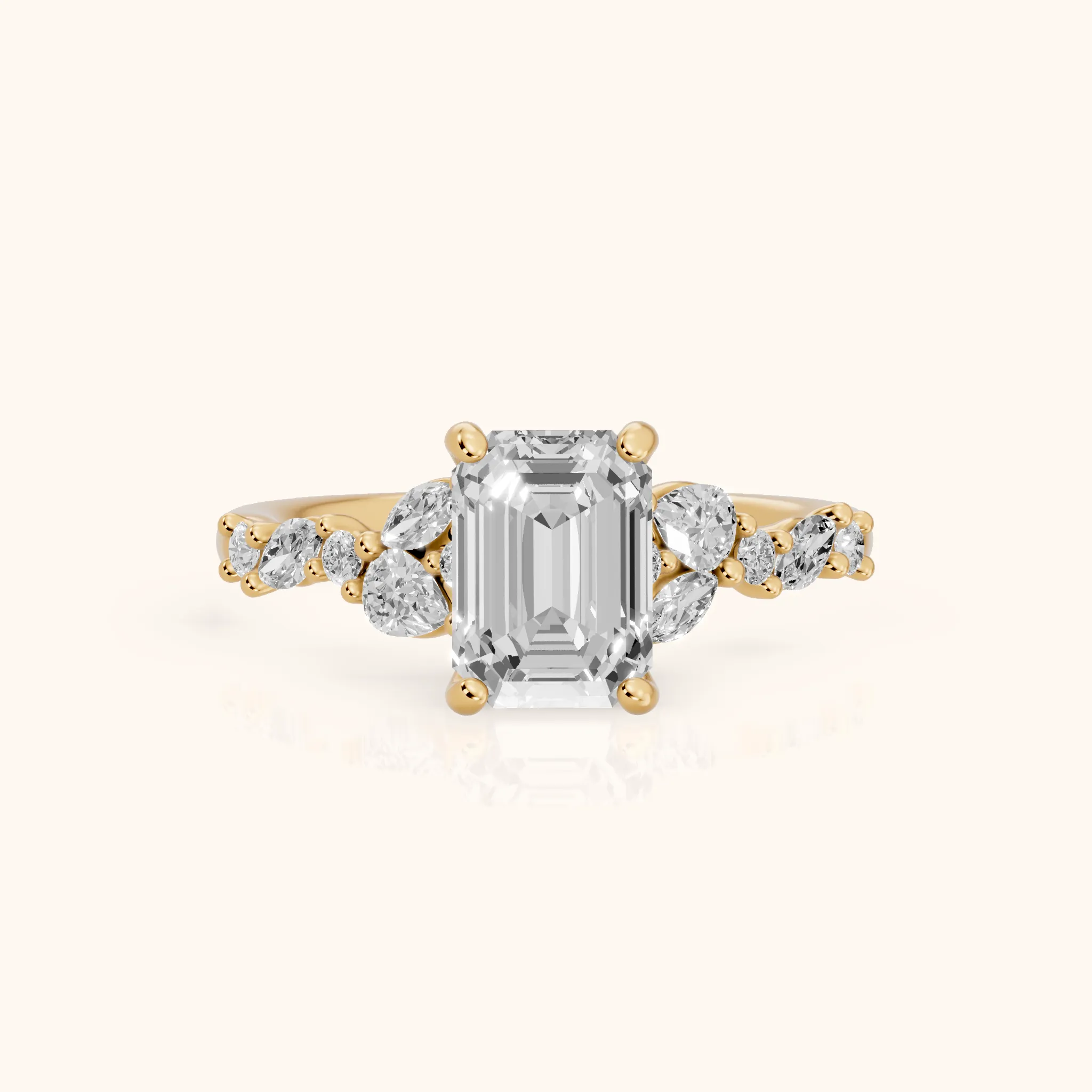 Mesa Vine Cluster Emerald Diamond Engagement Ring in Yellow Gold — view 1
