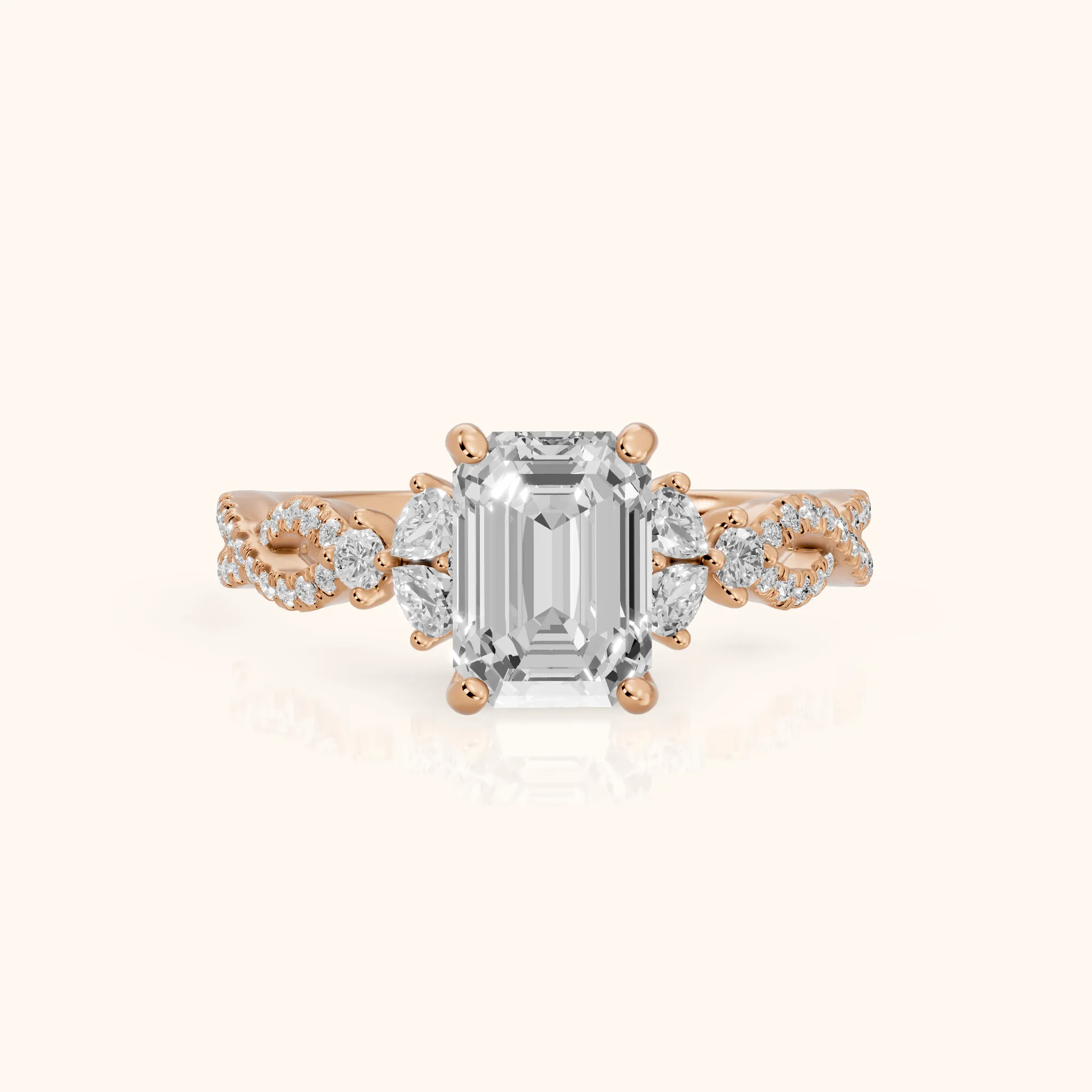 Neva Infinity Twist Emerald Diamond Engagement Ring in Rose Gold — view 1