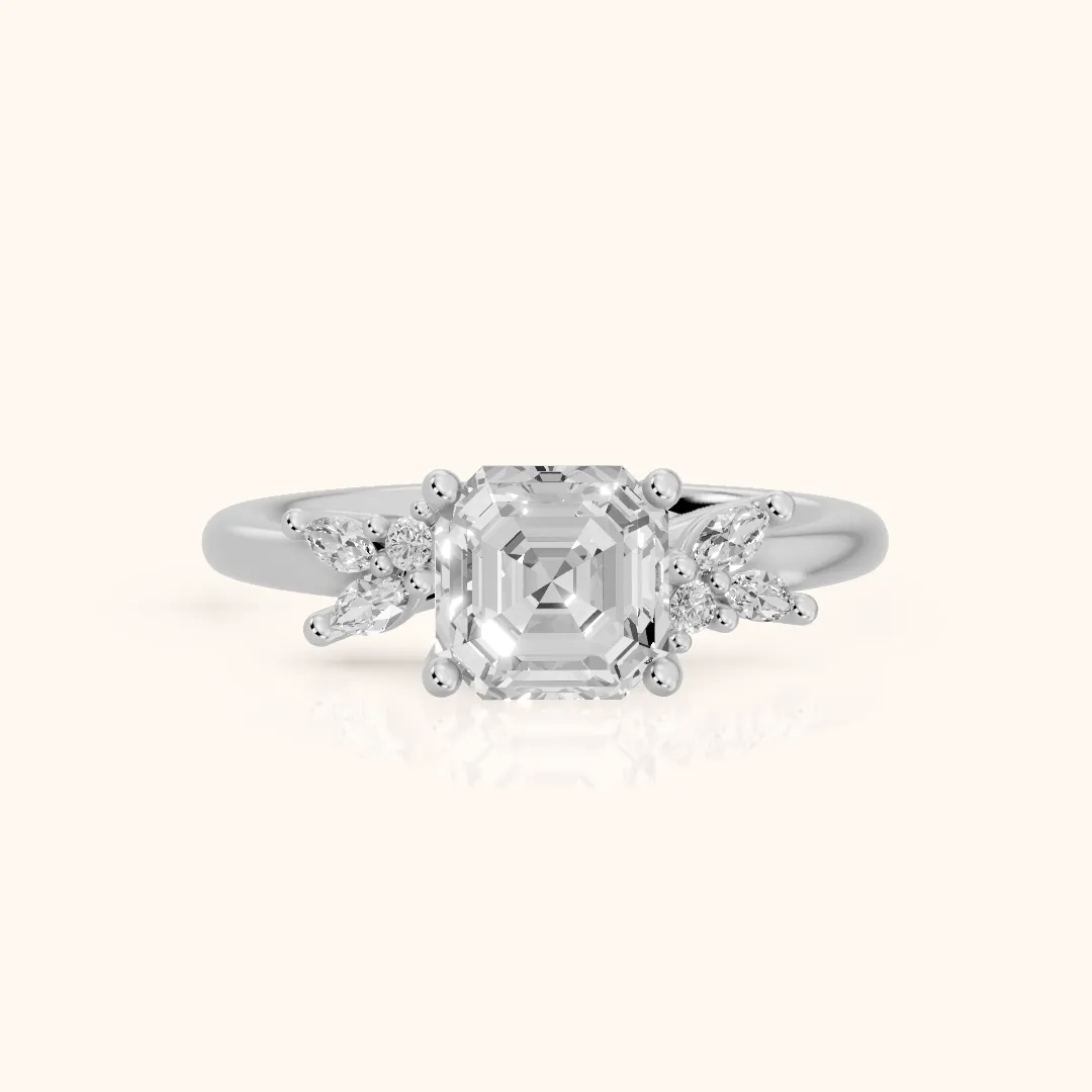Avon Leaf Cluster Asscher Diamond Engagement Ring in White Gold — view 2