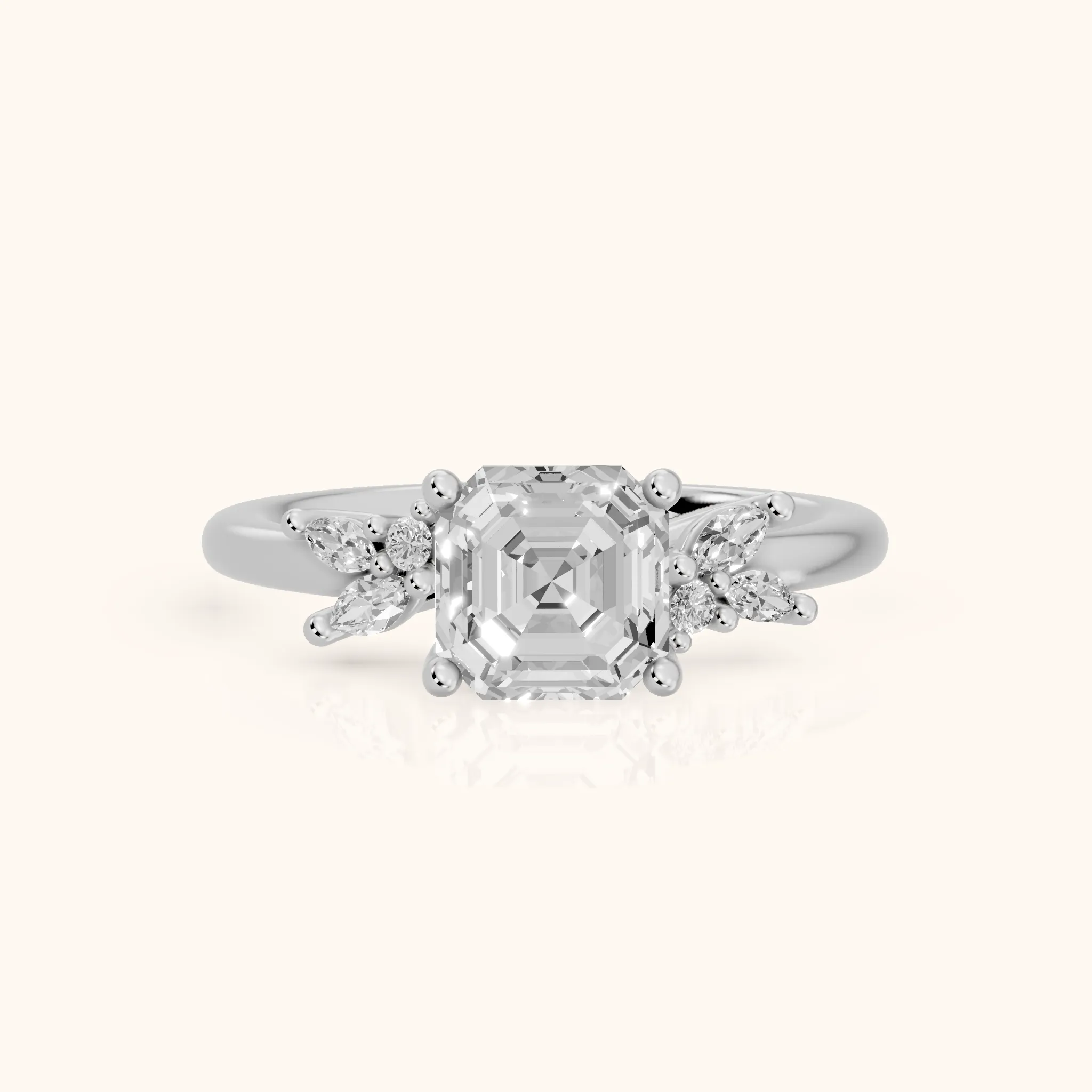 Avon Leaf Cluster Asscher Diamond Engagement Ring in White Gold — view 1
