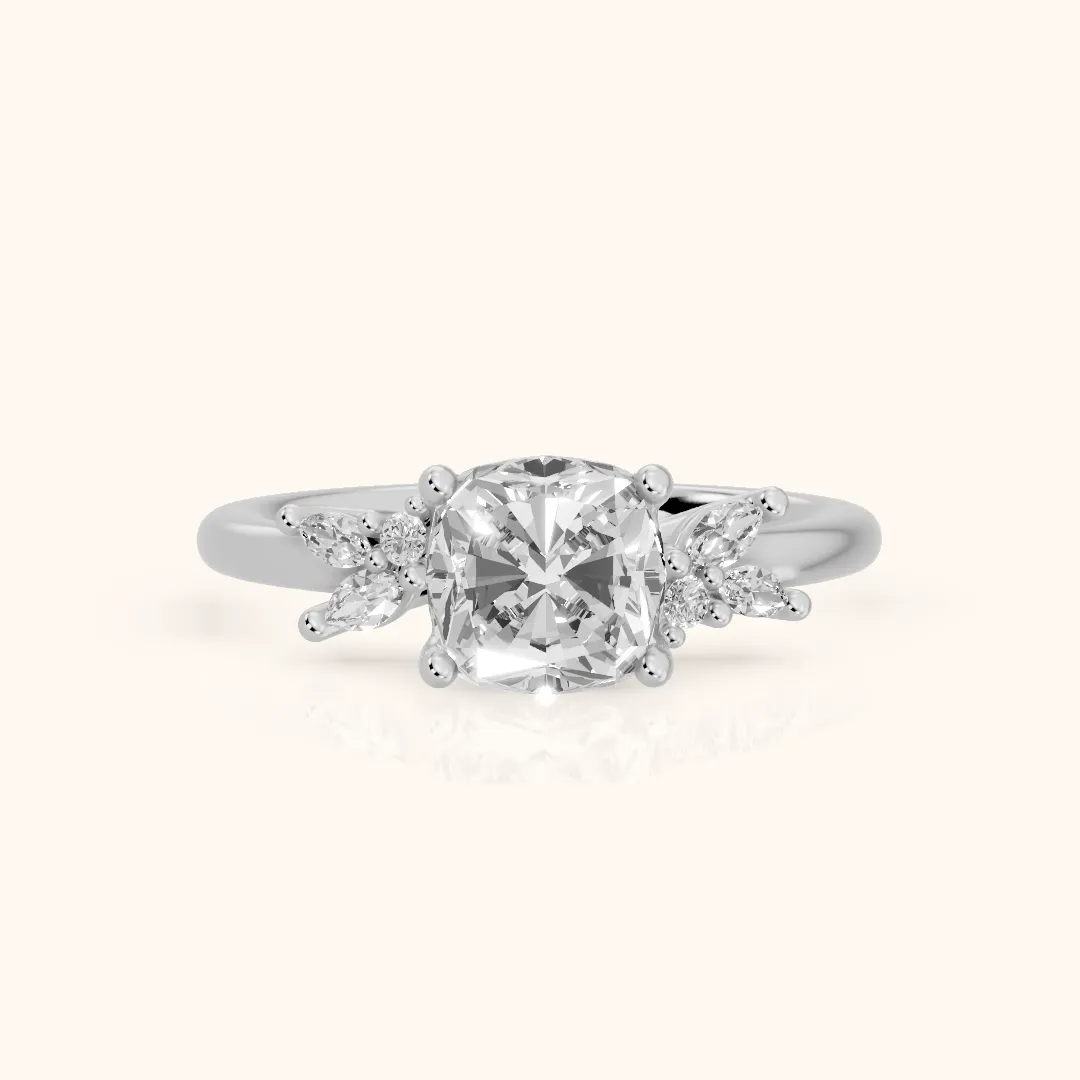 Avon Leaf Cluster Cushion Diamond Engagement Ring in Silver — view 2